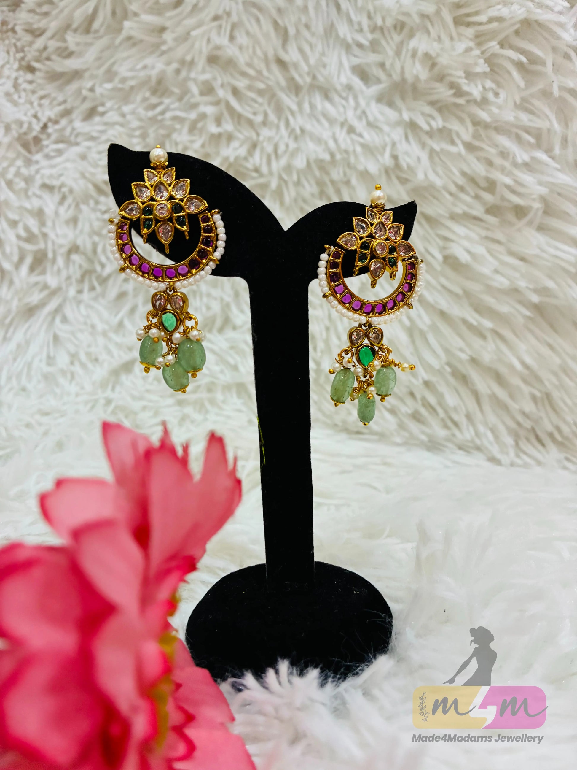 Emerald Ruby Lotus Chandbali Earrings Made4Madams