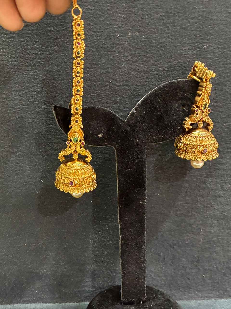Jhumka earrings with Matti, multi-color stones, and a pearl drop