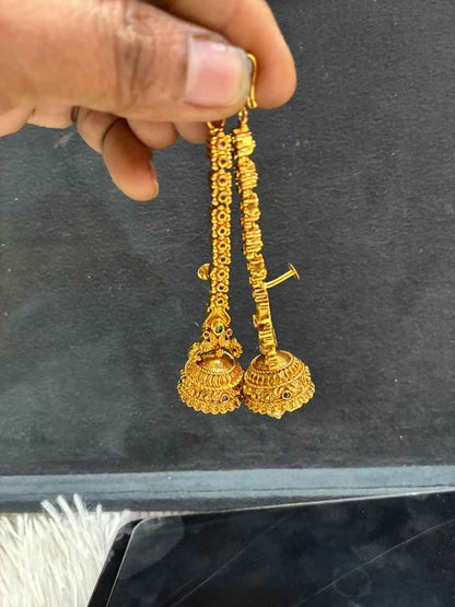 Jhumka earrings with Matti, multi-color stones, and a pearl drop