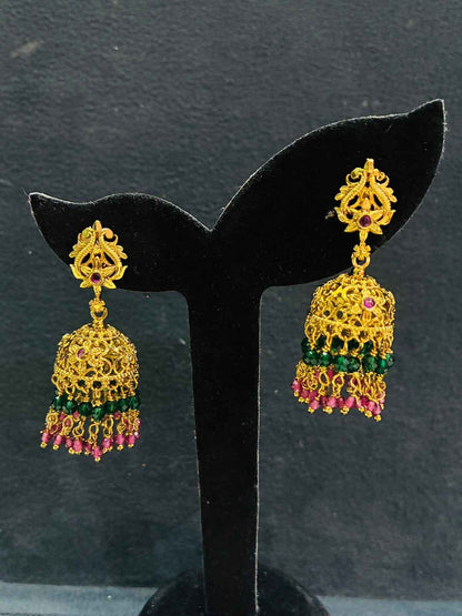 Gold-plated Jhumka earrings with multicolored green and pink beaded hangings