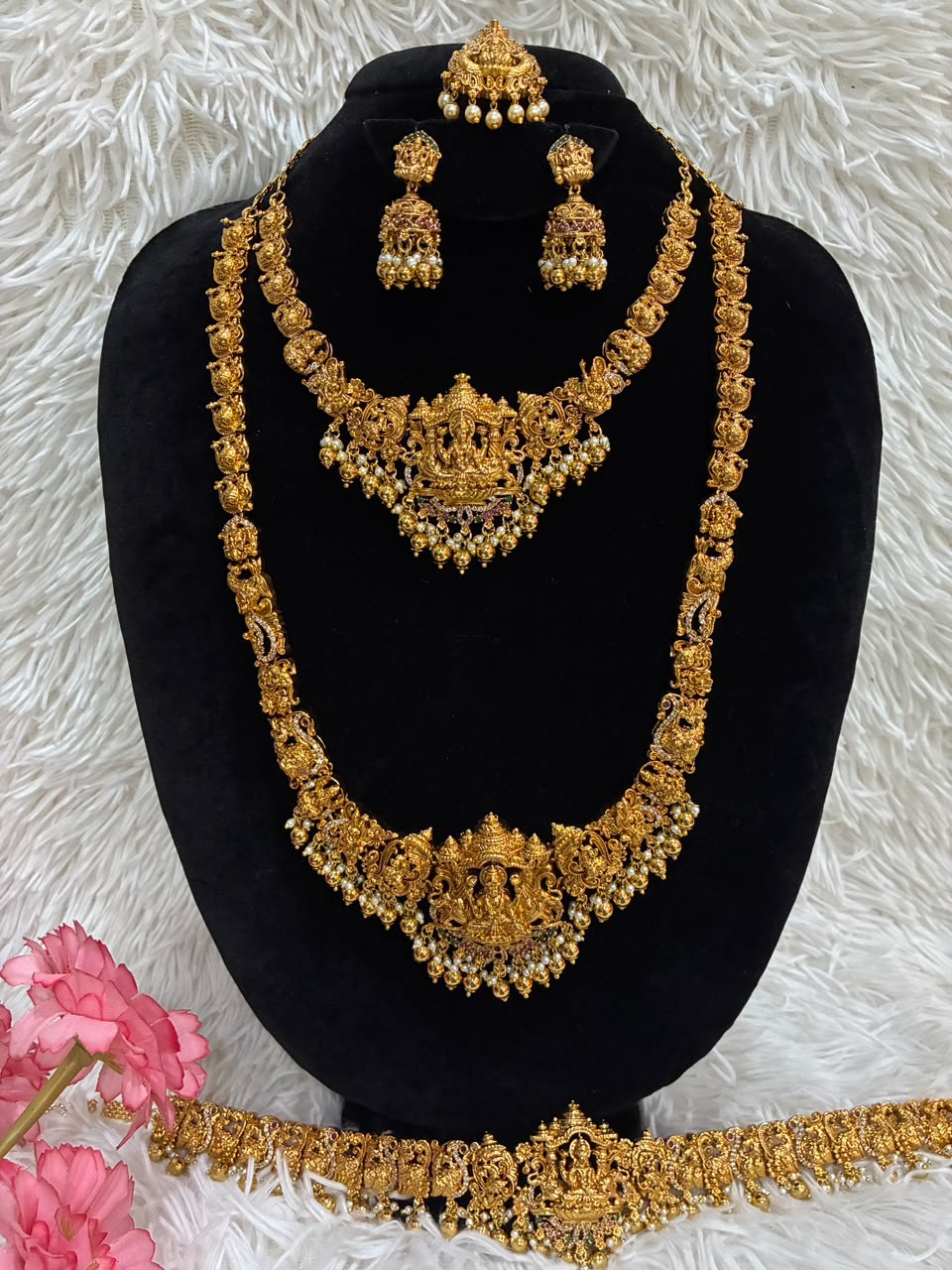 Temple jewellery combo set - Antique gold-plated Lakshmi motifs and pearl drops