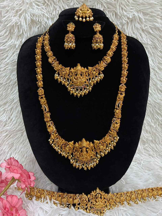 Temple jewellery combo set - Antique gold-plated Lakshmi motifs and pearl drops