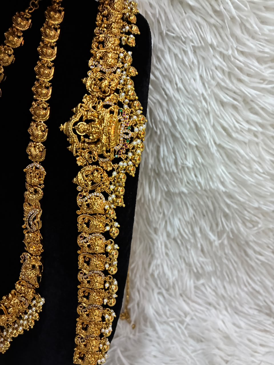 Temple jewellery combo set - Antique gold-plated Lakshmi motifs and pearl drops