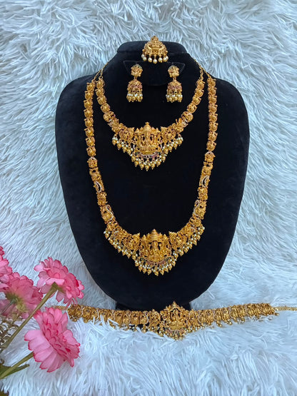 Temple jewellery combo set - Antique gold-plated Lakshmi motifs and pearl drops