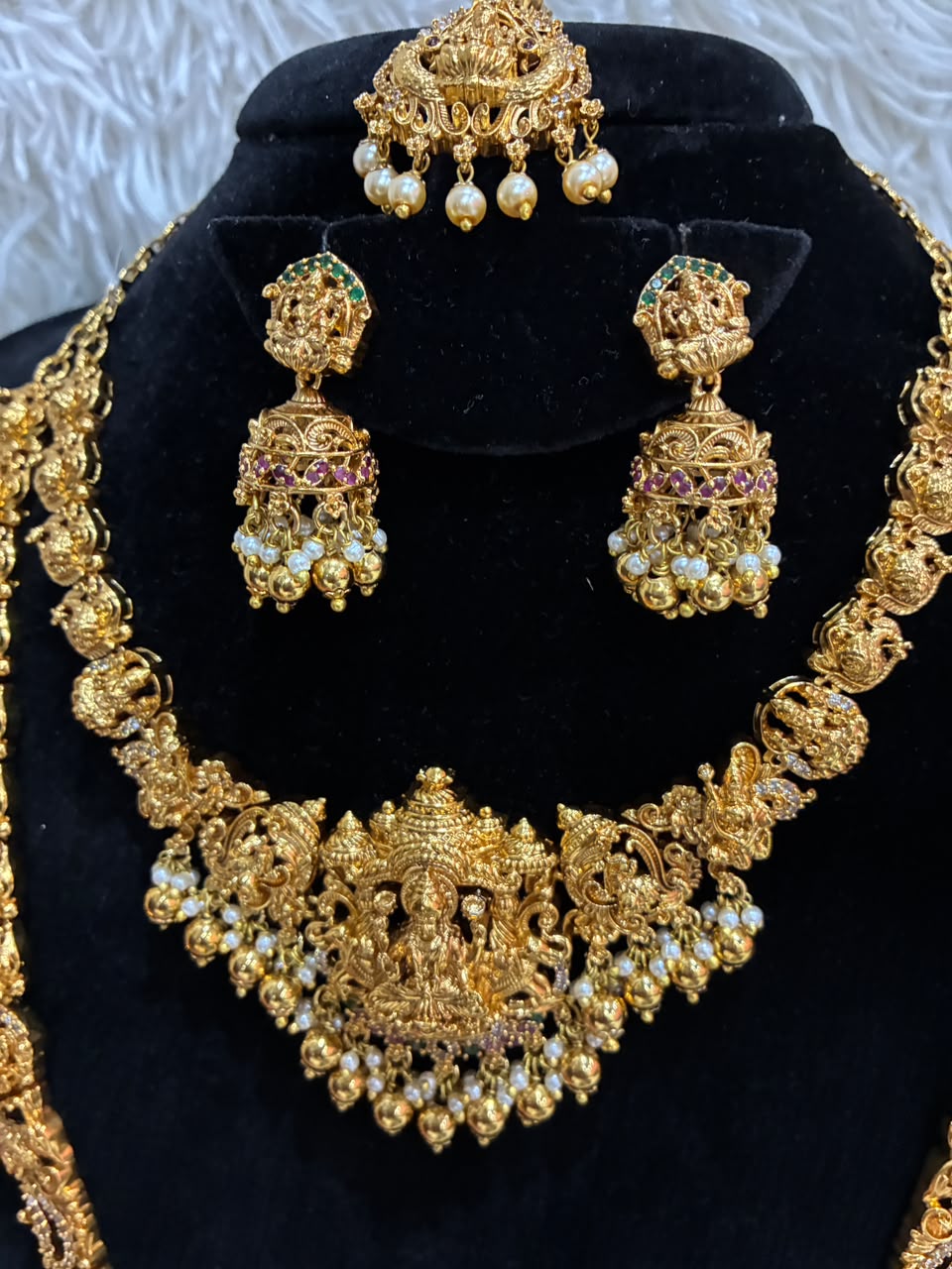 Temple jewellery combo set - Antique gold-plated Lakshmi motifs and pearl drops