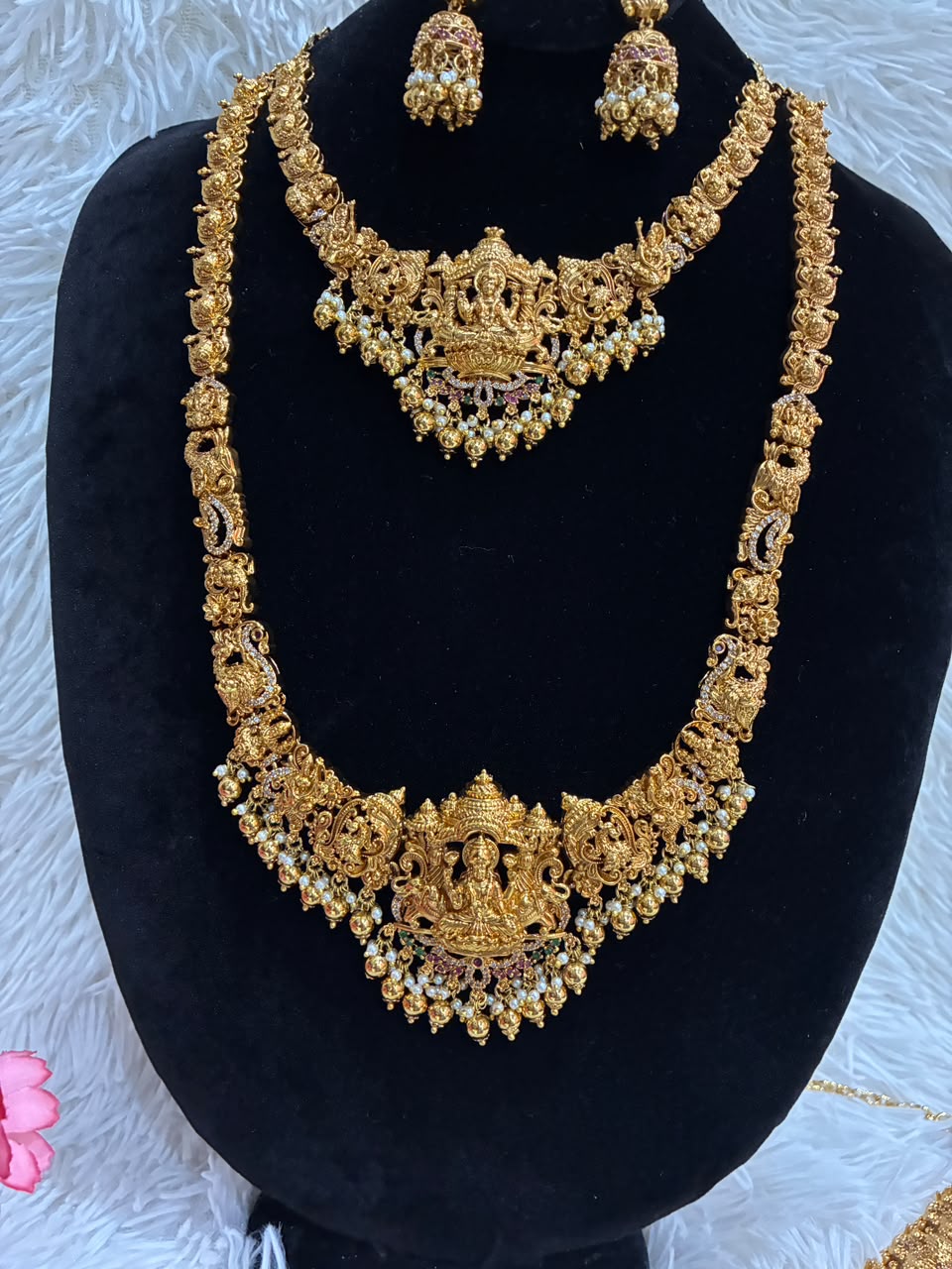 Temple jewellery combo set - Antique gold-plated Lakshmi motifs and pearl drops