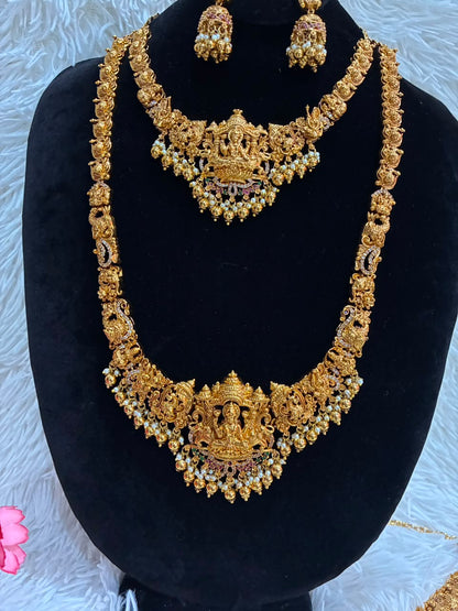 Temple jewellery combo set - Antique gold-plated Lakshmi motifs and pearl drops