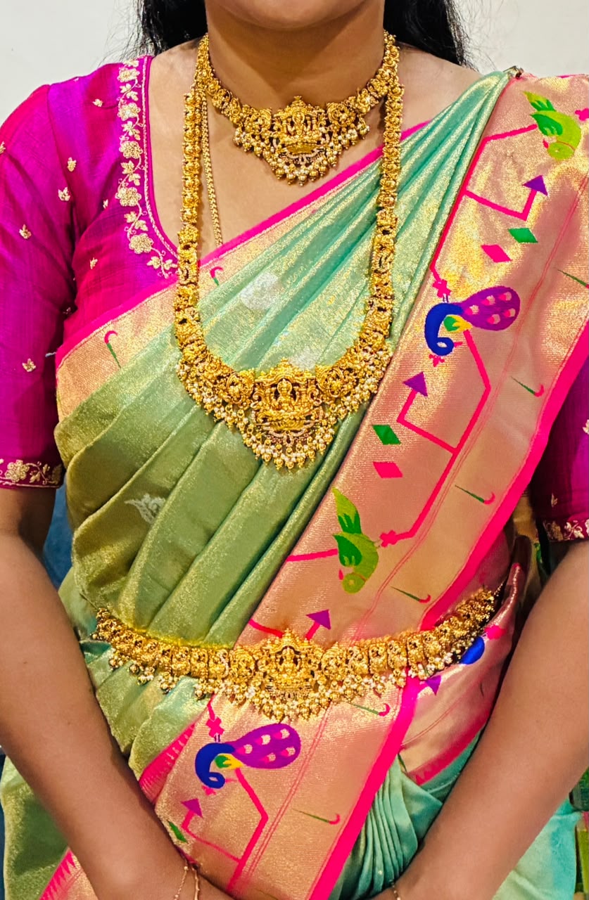 Temple jewellery combo set - Antique gold-plated Lakshmi motifs and pearl drops