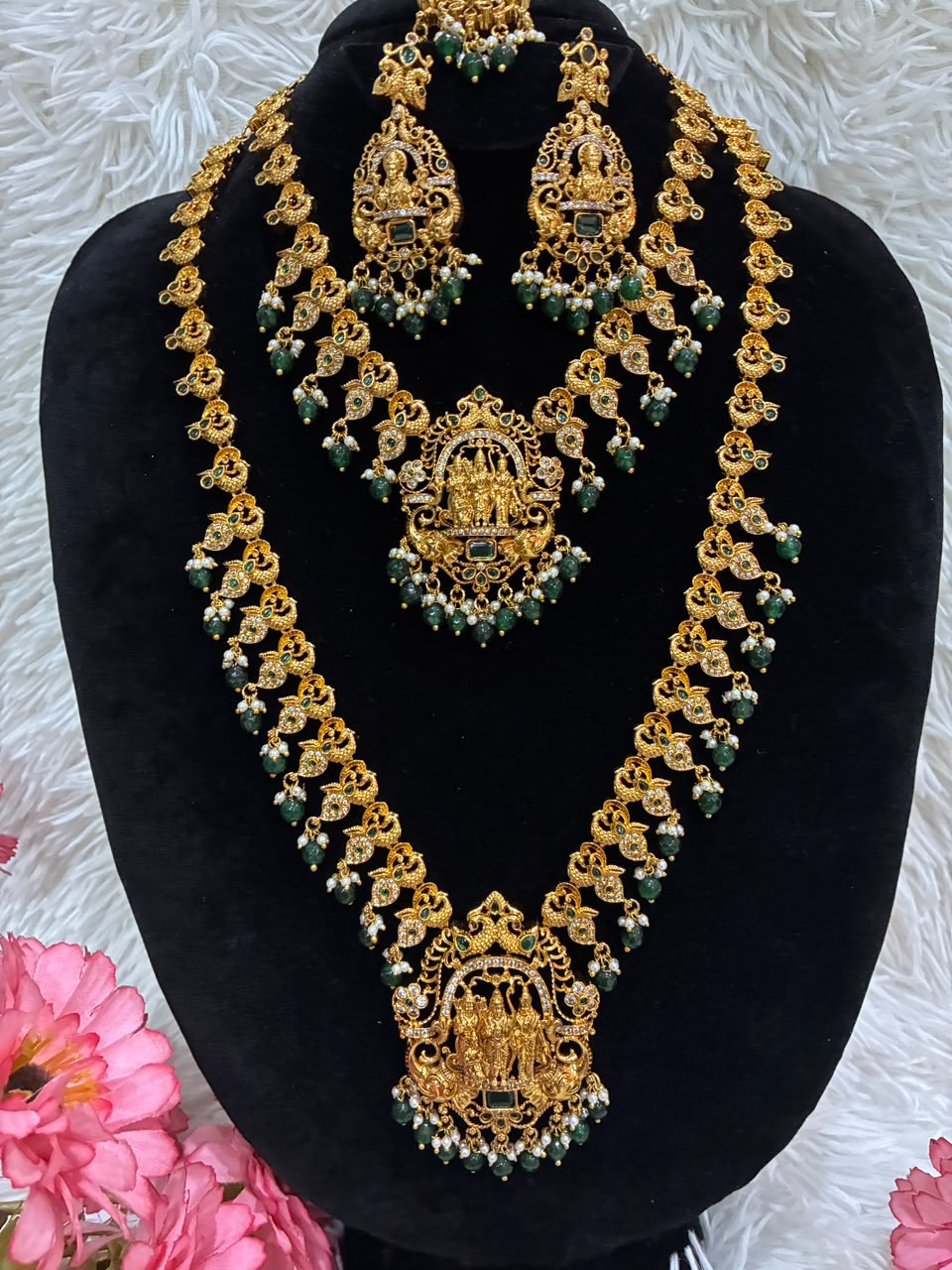 Antique gold-plated Lakshmi peacock temple jewellery Combo Set