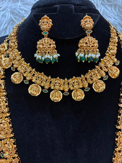 Antique finish jewelry combo features a traditional South Indian Lakshmi coin design
