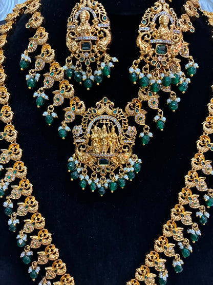 Antique gold-plated Lakshmi peacock temple jewellery Combo Set