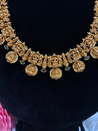 Antique finish jewelry combo features a traditional South Indian Lakshmi coin design