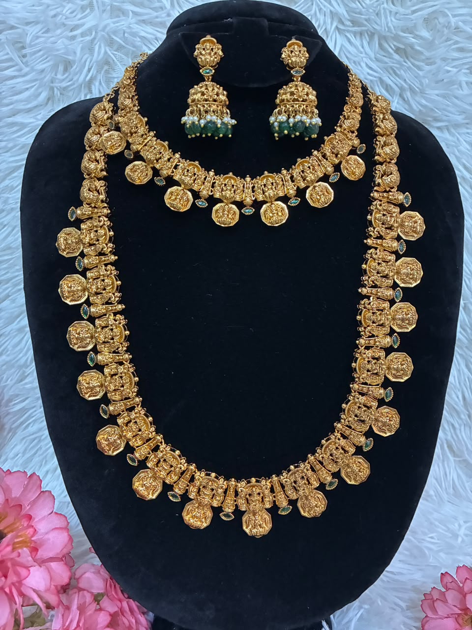 Antique finish jewelry combo features a traditional South Indian Lakshmi coin design