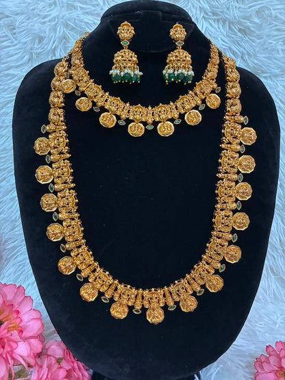Antique finish jewelry combo features a traditional South Indian Lakshmi coin design