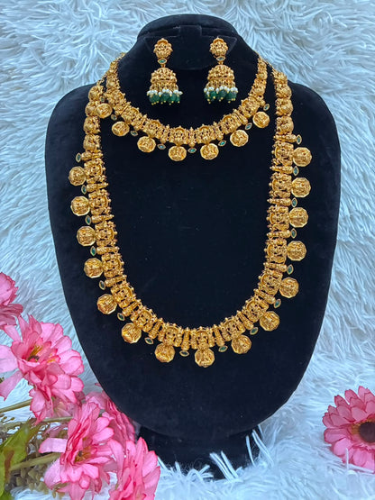 Antique finish jewelry combo features a traditional South Indian Lakshmi coin design