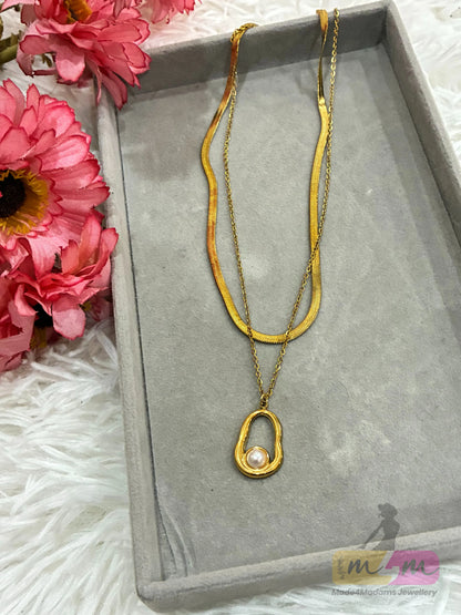 2 Layered 18K Gold Plated Irregular Round Solid  Pendant Necklace Made4Madams