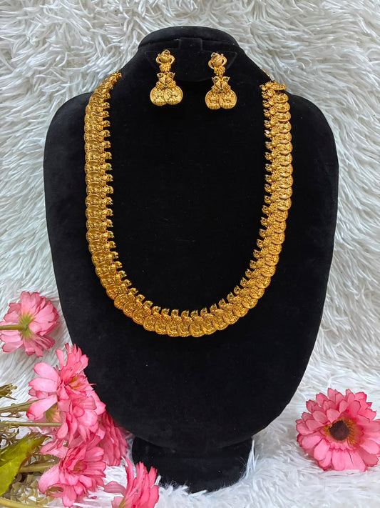 Traditional Kasula Haram Long Necklace Set | Antique Gold Lakshmi Coin Haram with Matching Earrings