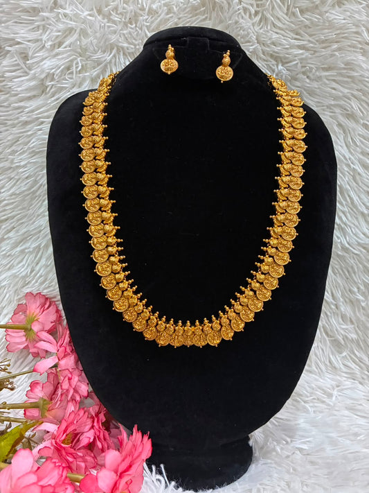 Traditional Antique Gold Lakshmi Coin Haram with Matching Earrings