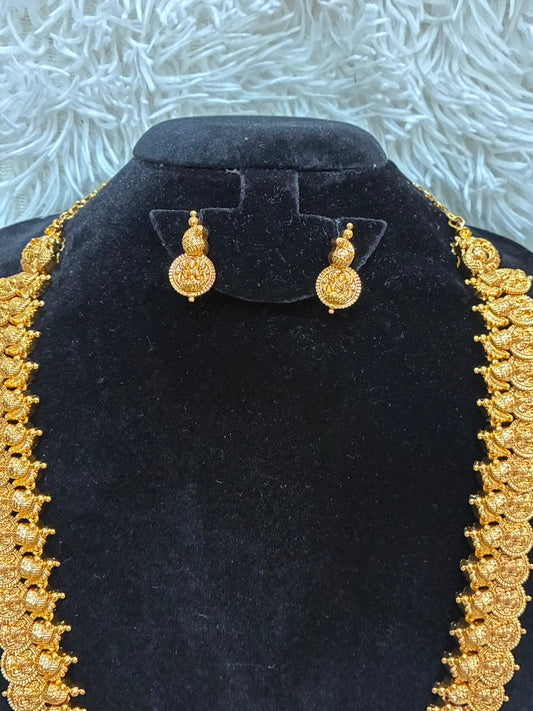 Traditional Antique Gold Lakshmi Coin Haram with Matching Earrings
