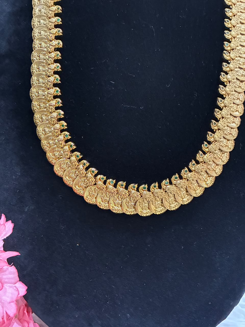 Traditional Kasula Haram Long Necklace Set | Antique Gold Lakshmi Coin Haram with Matching Earrings