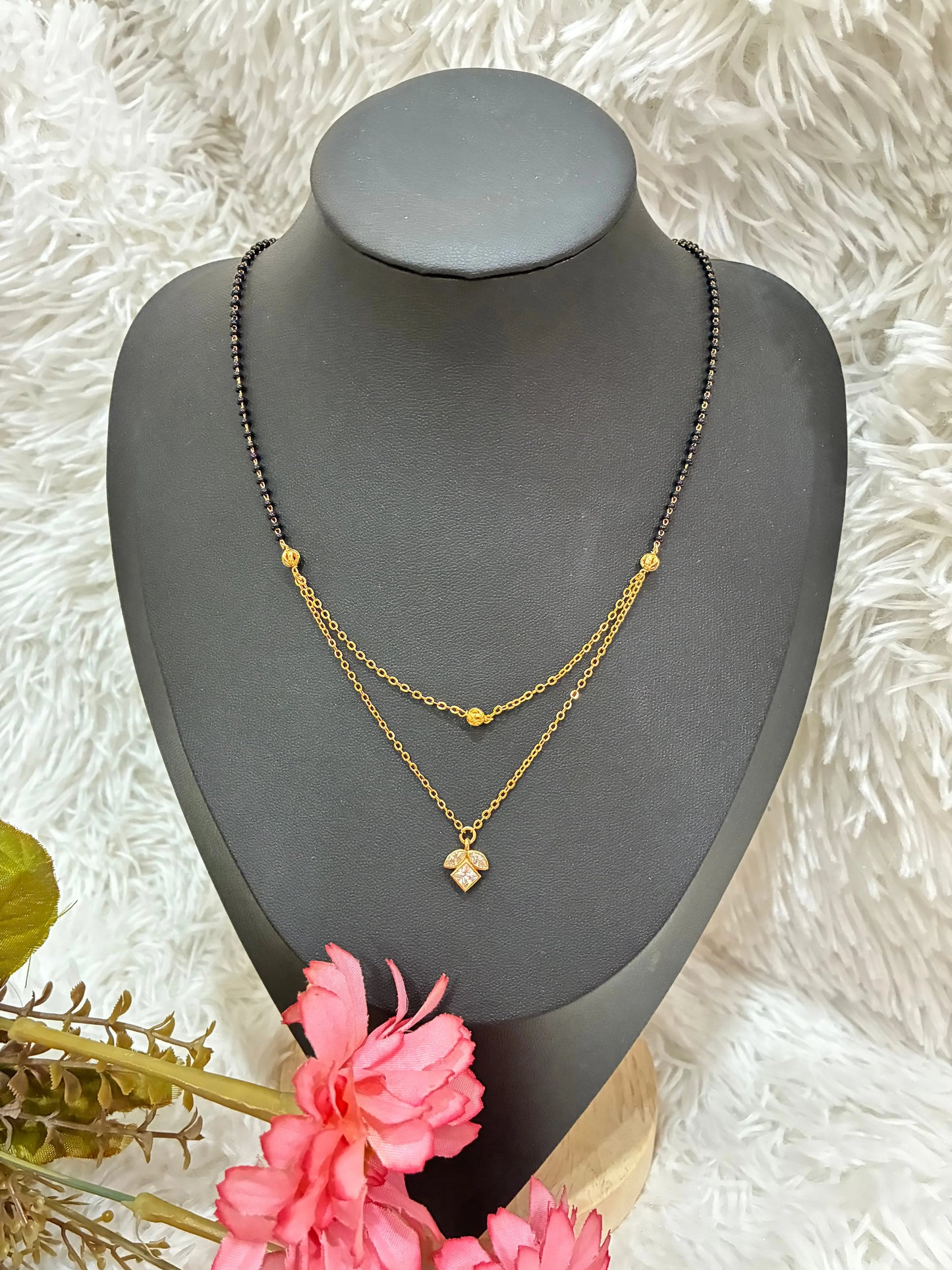 Modern Style Double strand Black Bead chain and Floral CZ Pendant Made4Madams