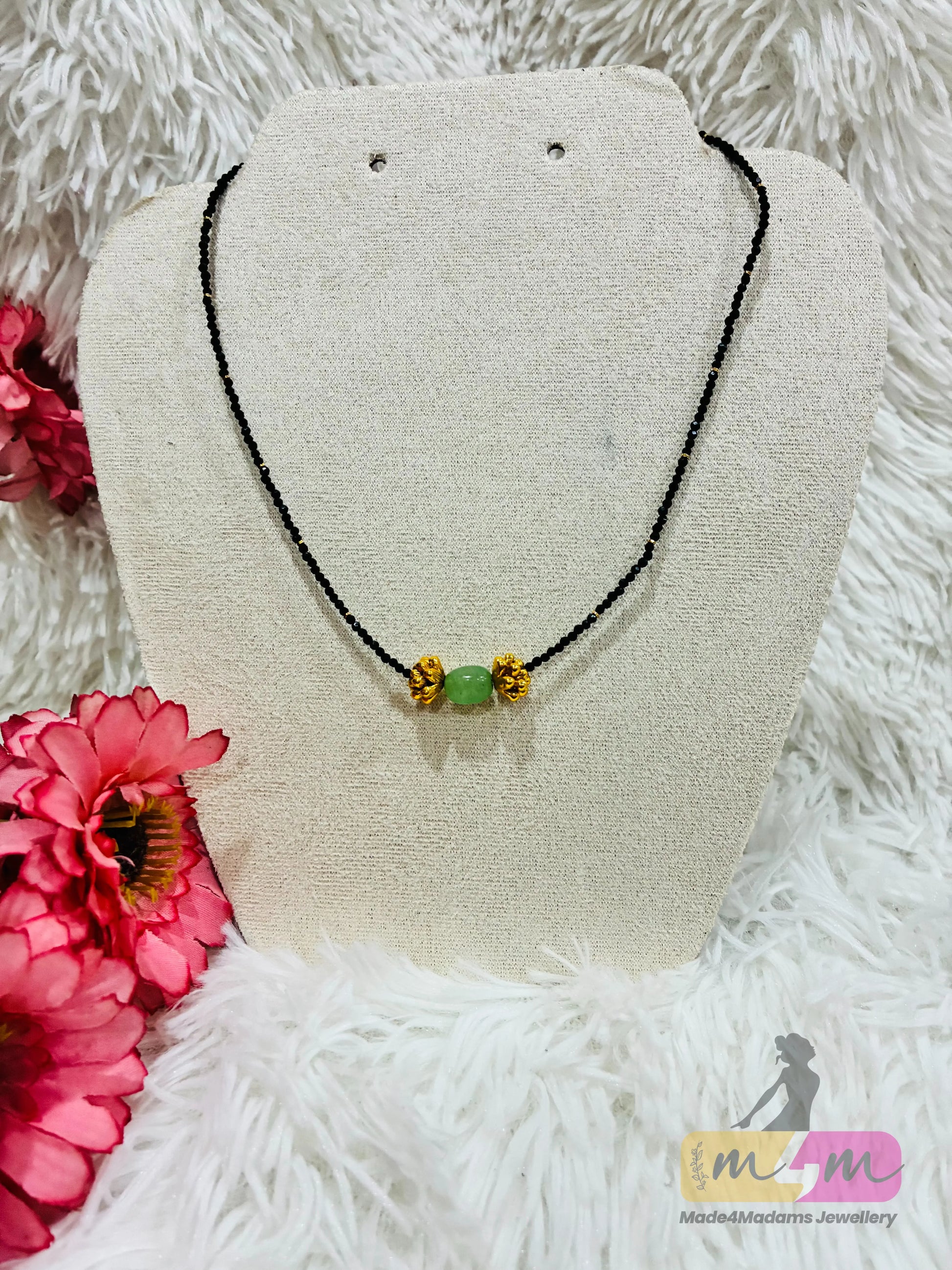 Black Beaded Mangalsutra Chain with Green stone Made4Madams