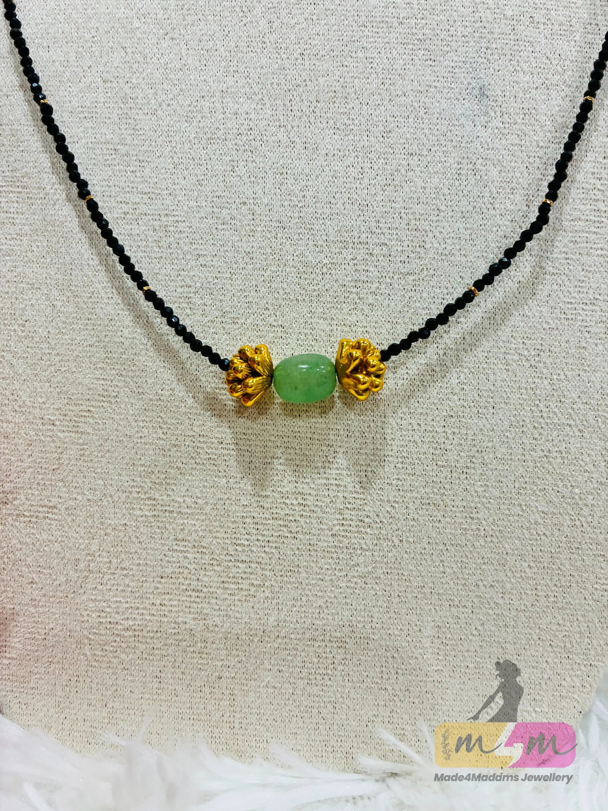 Black Beaded Mangalsutra Chain with Green stone Made4Madams