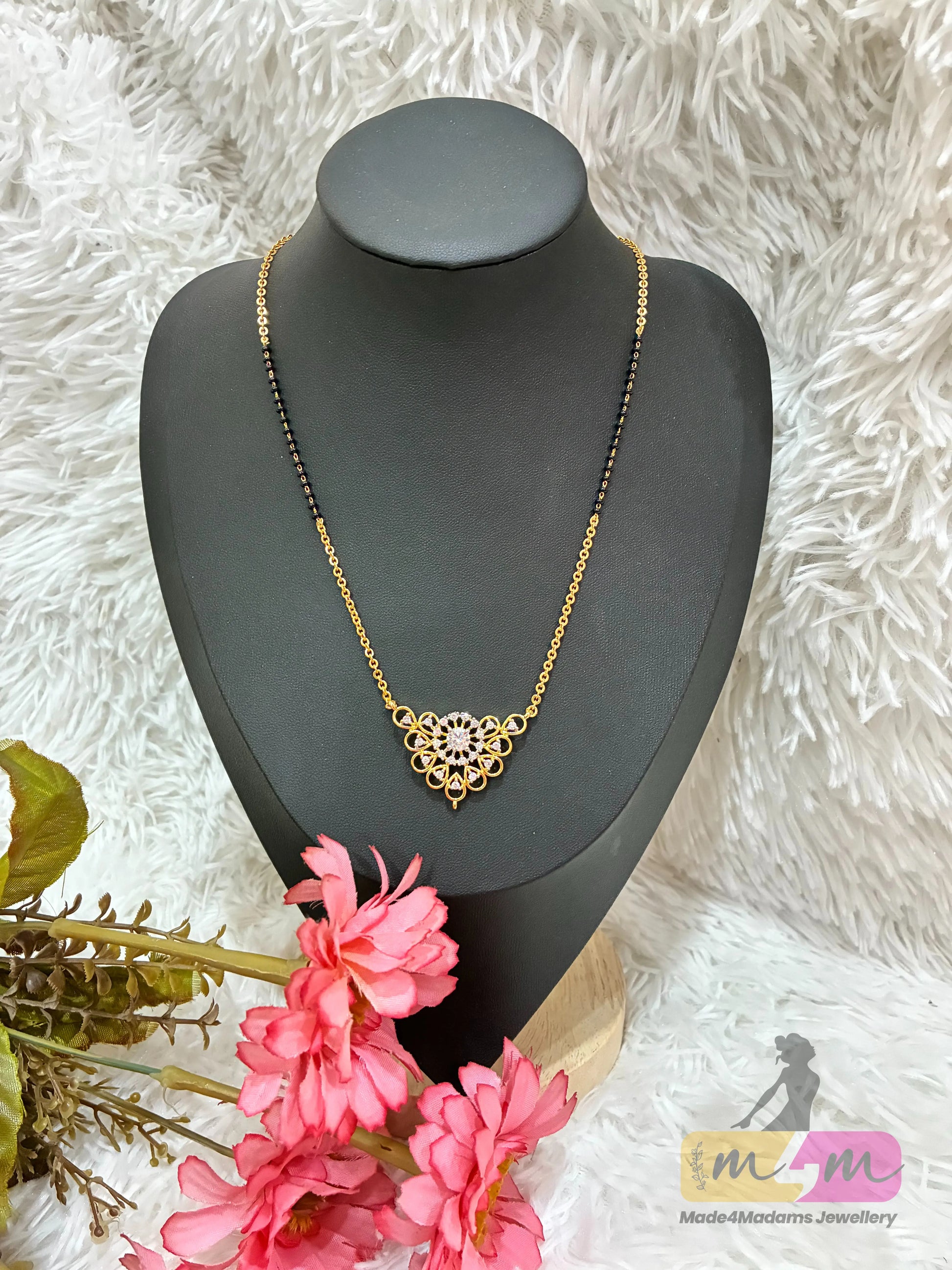 Gold Plated Mangalsutra with Floral Pendant and Black Bead chain Made4Madams