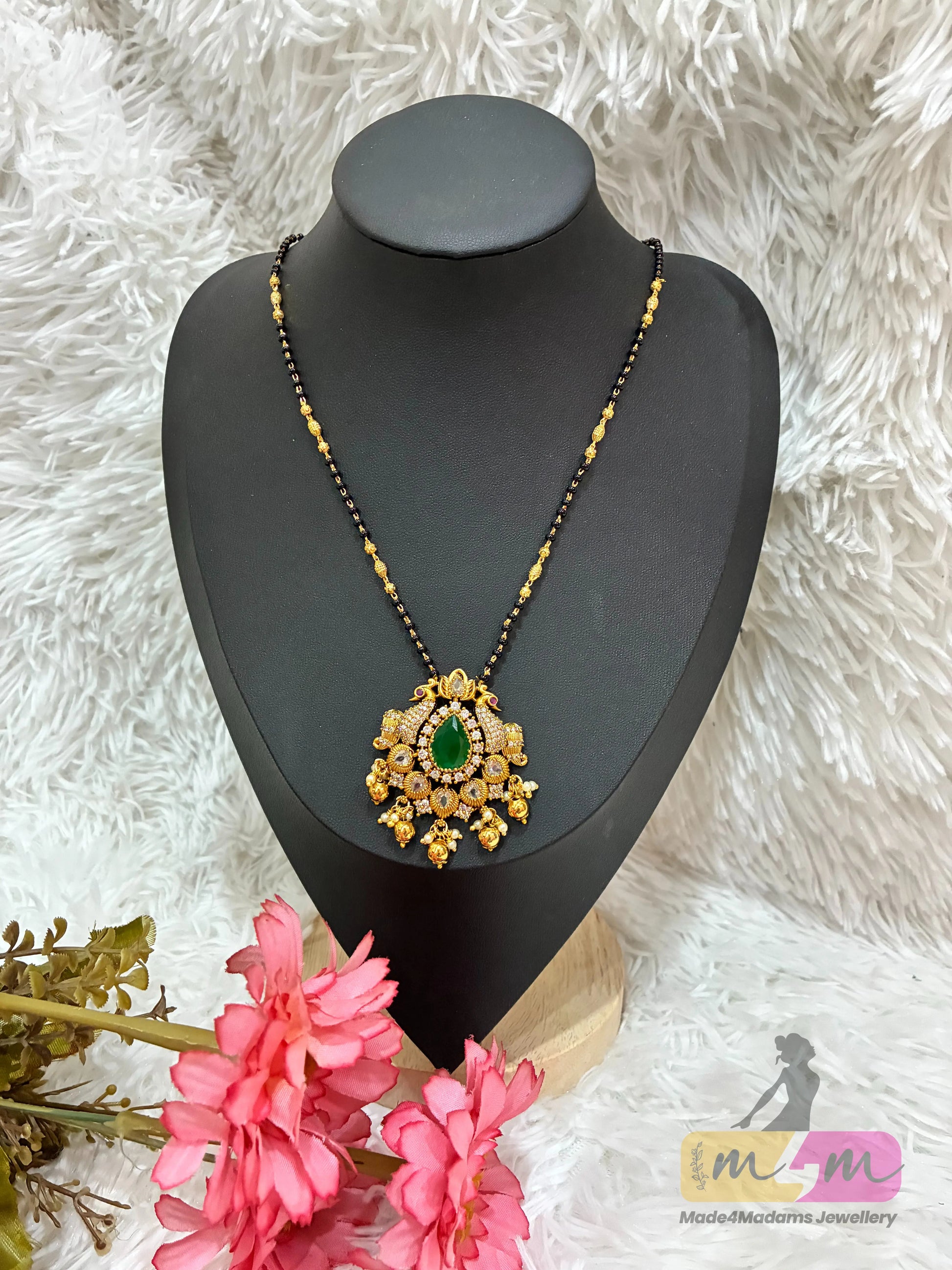Black Beads Chain Mangalsutra with peacock-design Pendant Made4Madams