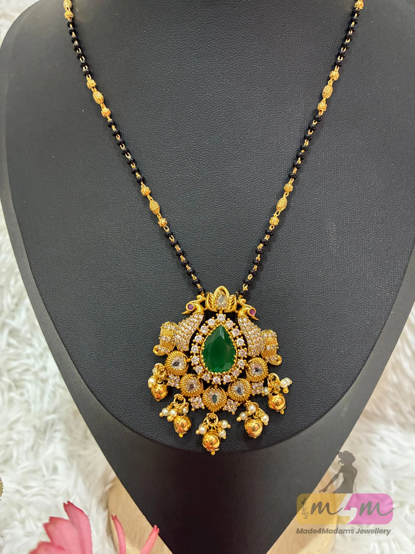 Black Beads Chain Mangalsutra with peacock-design Pendant Made4Madams
