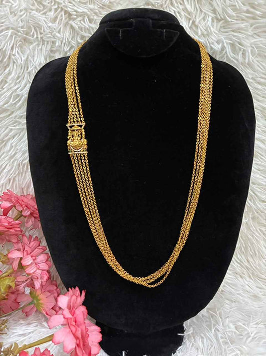 Necklace - 5 Lines Lakshmi Motif Chandraharam - Green Stone