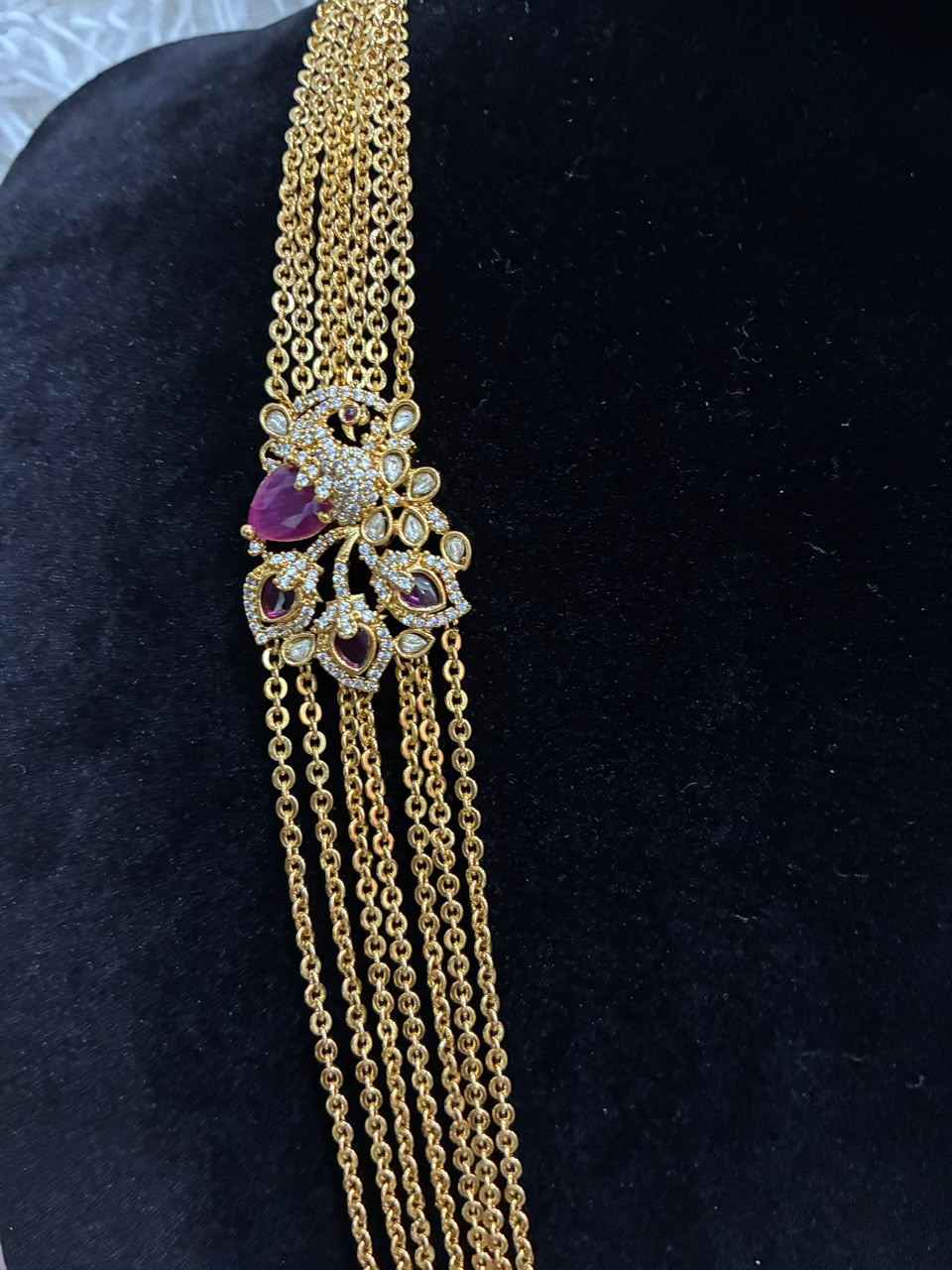 Necklace - 7 Lines Chandraharam with Stoned Floral Side Pendant