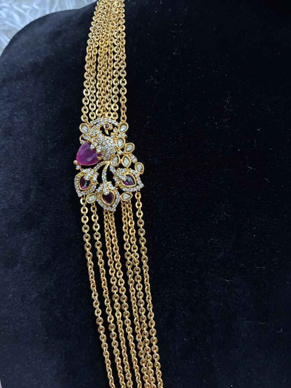 Necklace - 7 Lines Chandraharam with Stoned Floral Side Pendant
