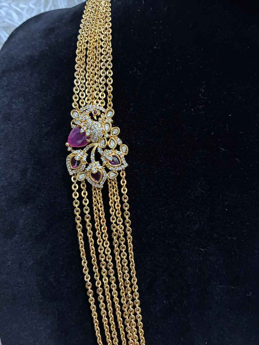 Necklace - 7 Lines Chandraharam with Stoned Floral Side Pendant