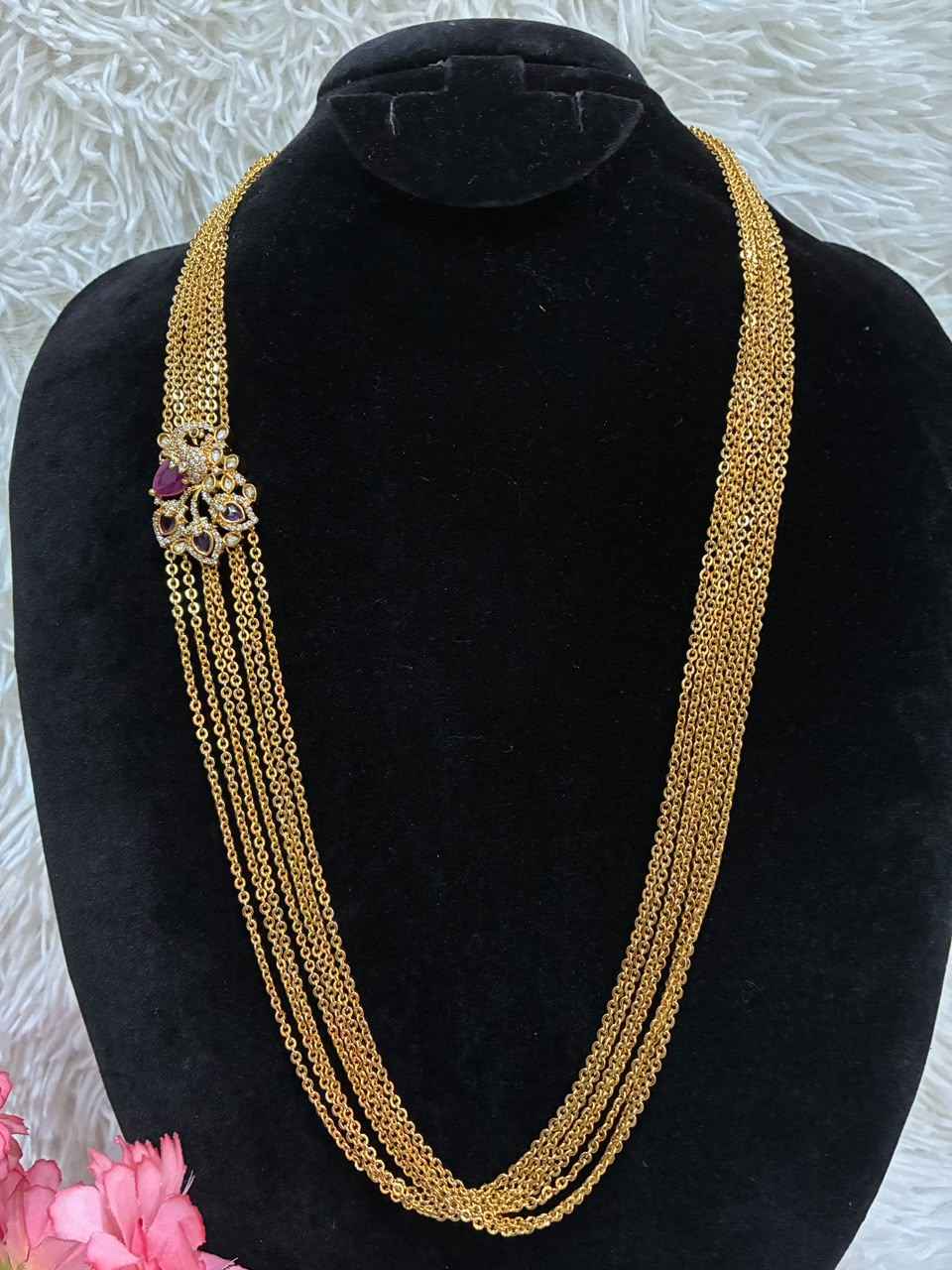 Necklace - 7 Lines Chandraharam with Stoned Floral Side Pendant