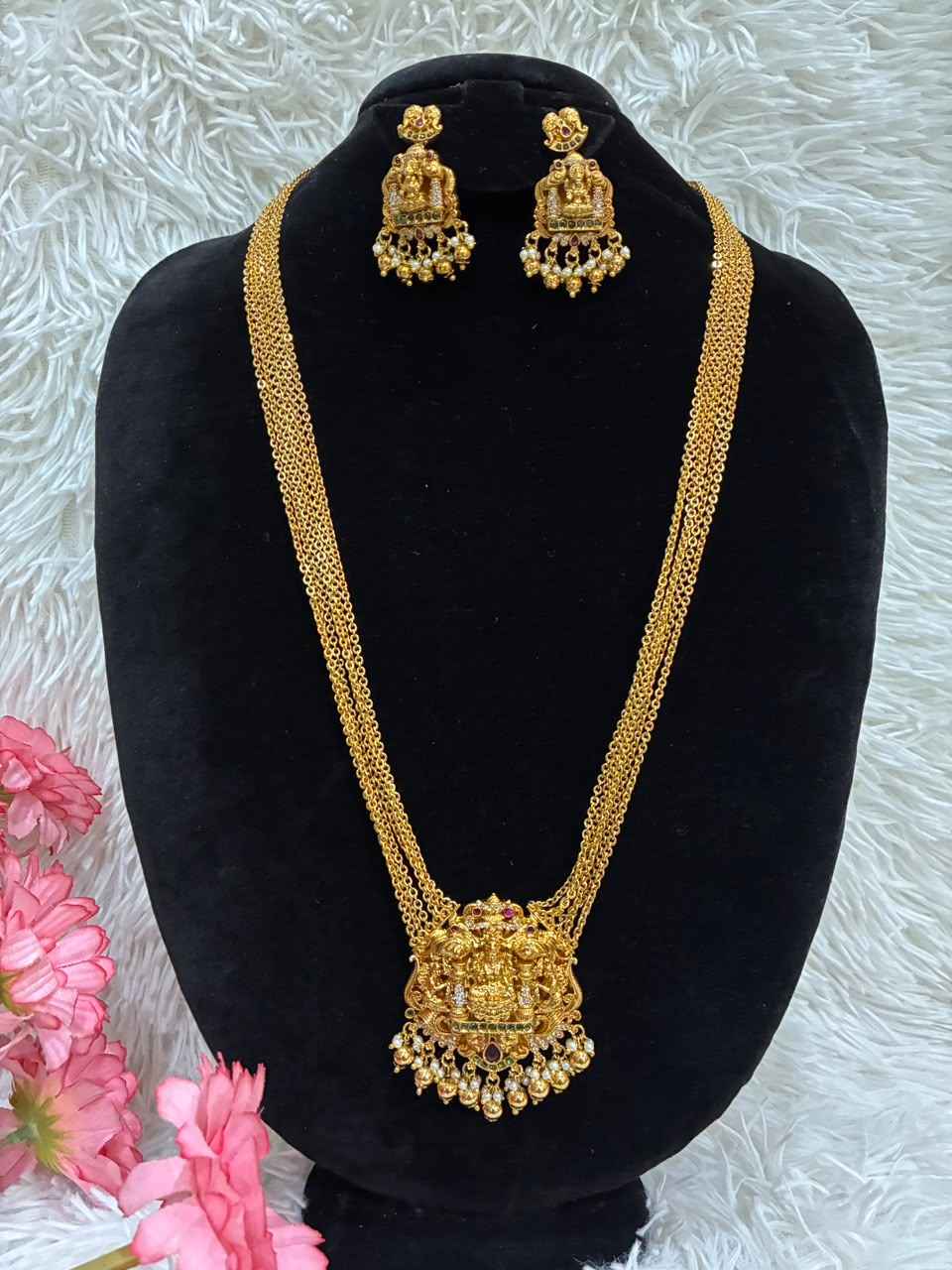 Necklace - 6 Lines Heavy Lakshmi Chandraharam With Earrings