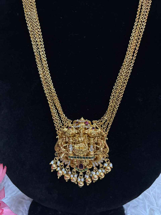 Necklace - 6 Lines Heavy Lakshmi Chandraharam With Earrings