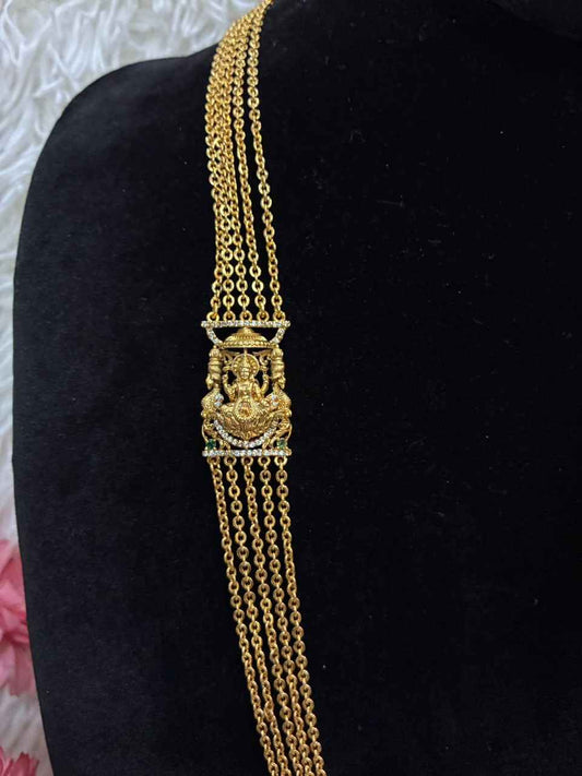 Necklace - 5 Lines Lakshmi Motif Chandraharam - Green Stone