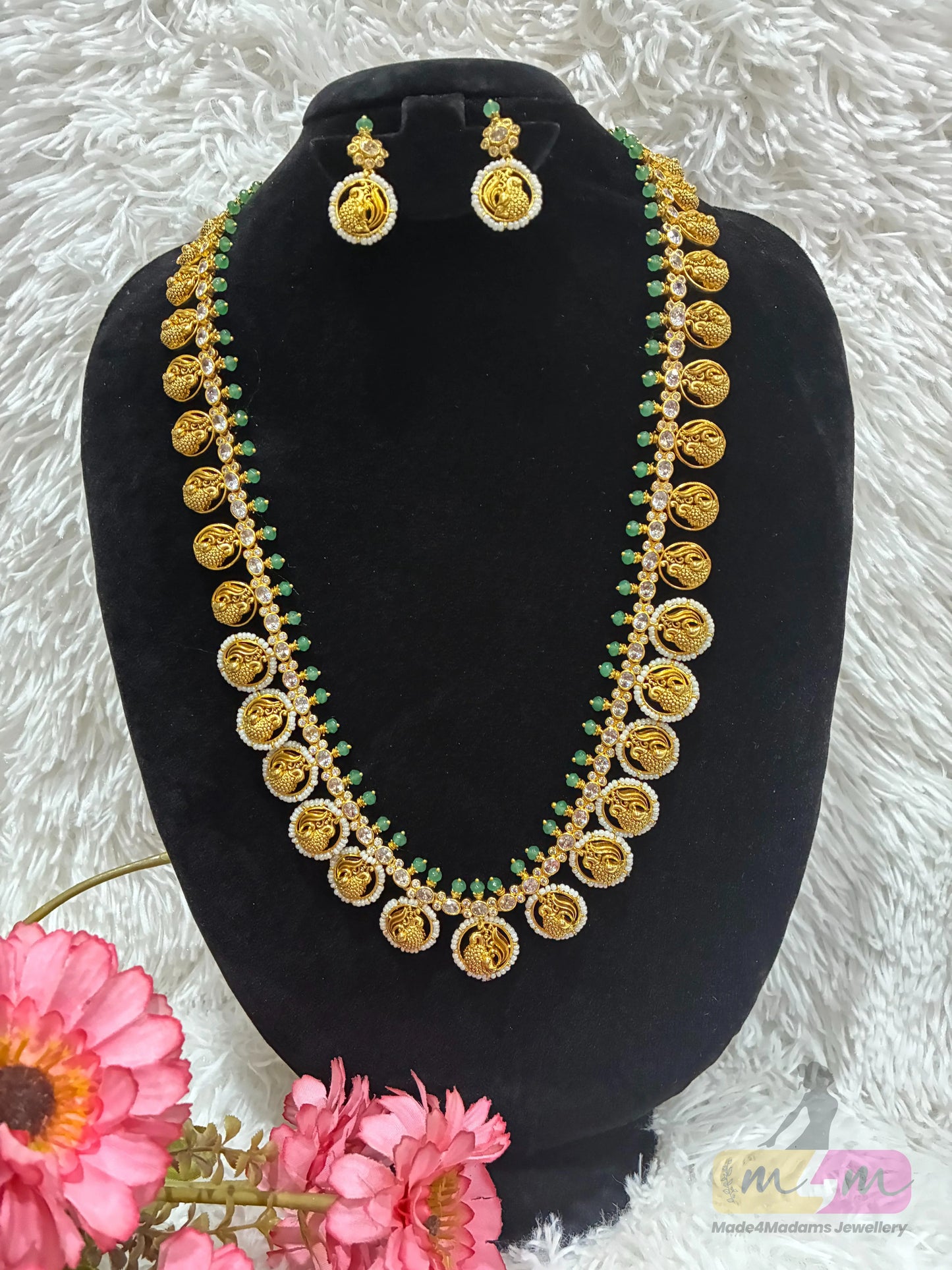 Trending Bottu mala Style long Haram Necklace set Made4Madams