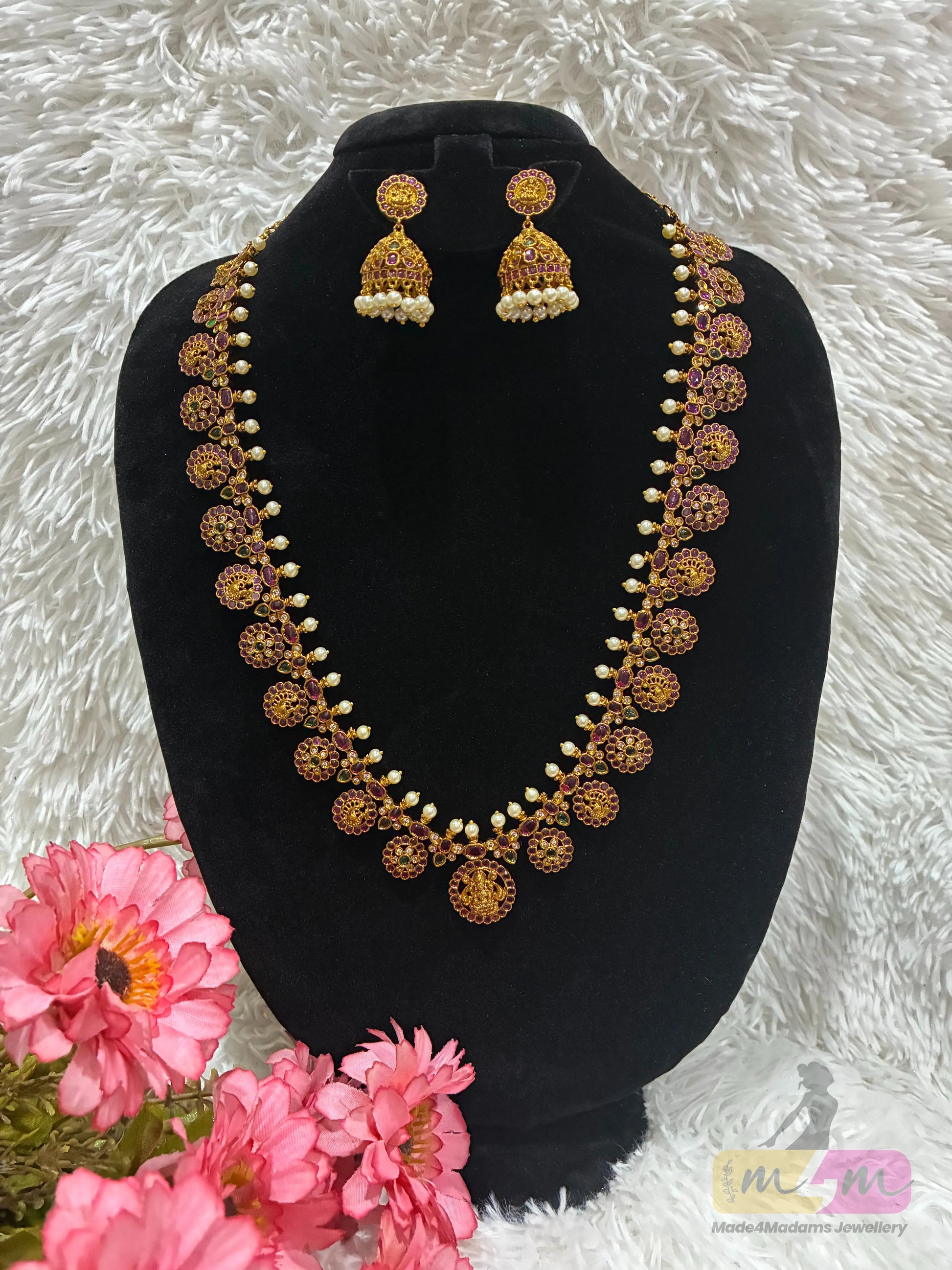 God Motif Bottu Mala Haram with Butta Earrings Made4Madams