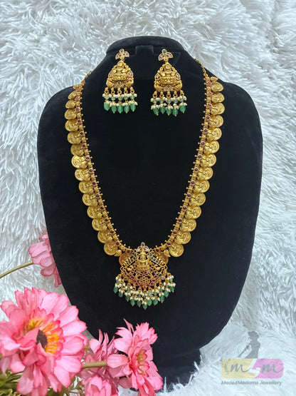 Lakshmi Kasula Pendant Haram necklace with Earrings Made4Madams