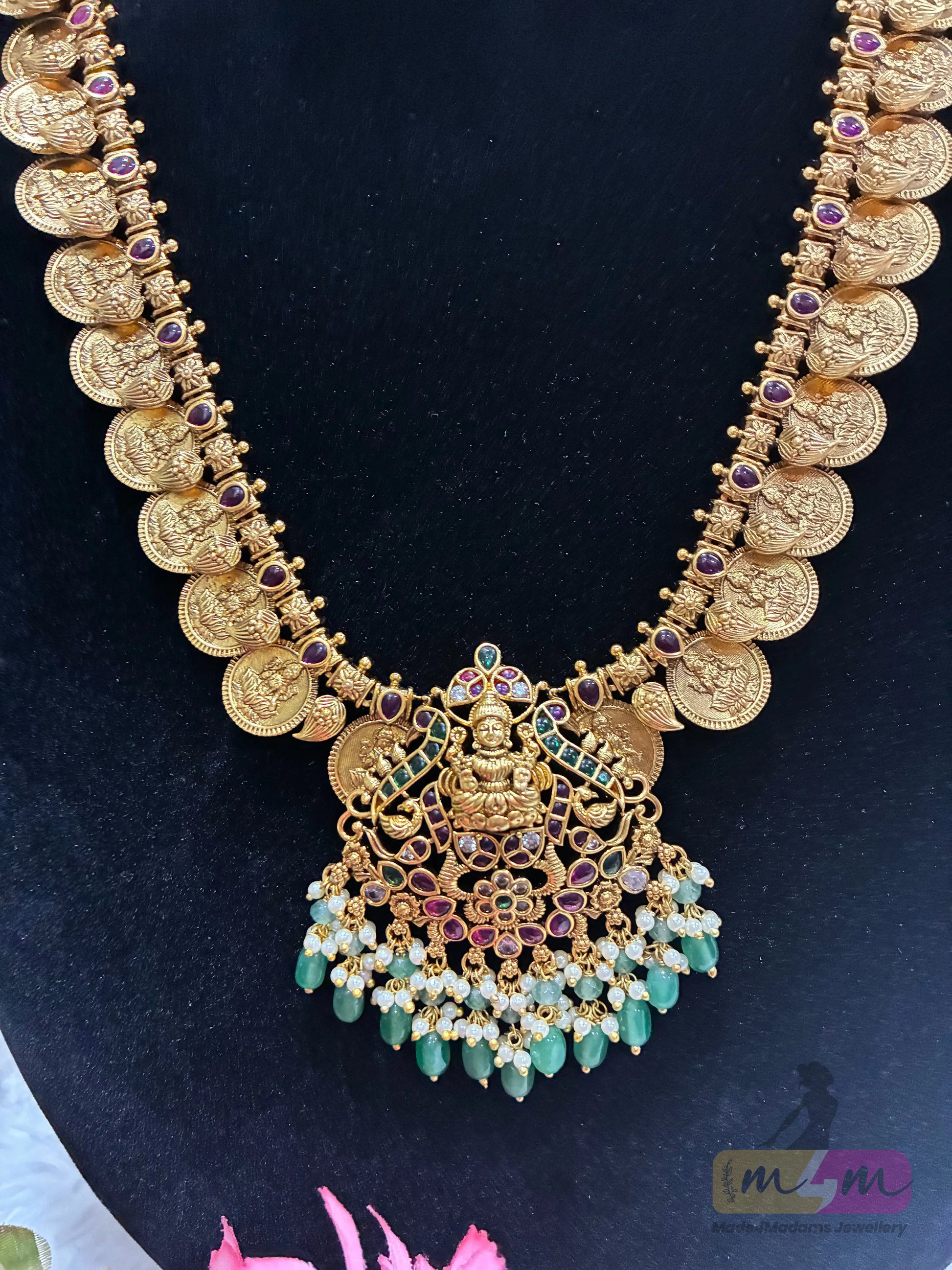 Lakshmi Kasula Pendant Haram necklace with Earrings Made4Madams