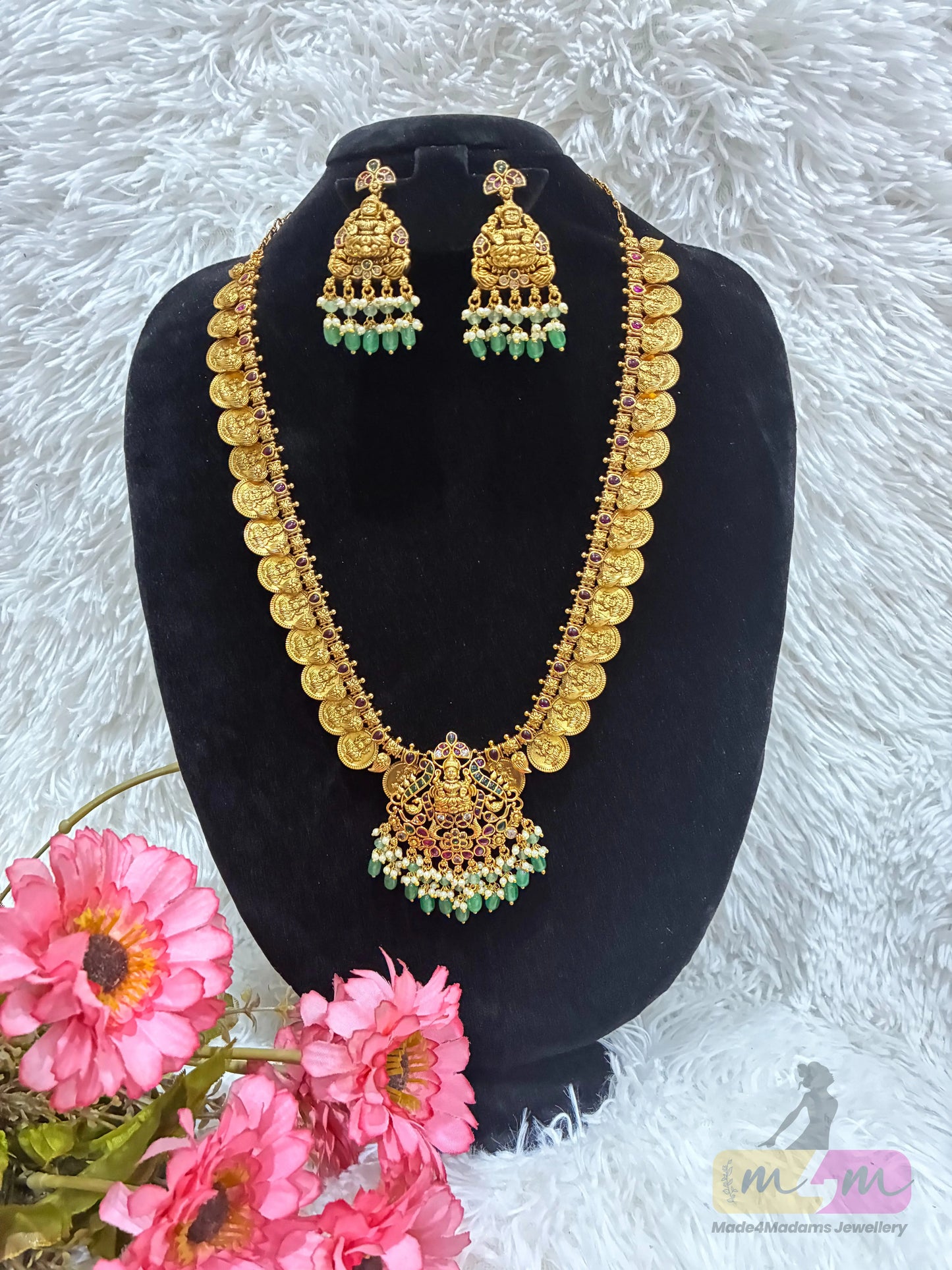 Lakshmi Kasula Pendant Haram necklace with Earrings Made4Madams