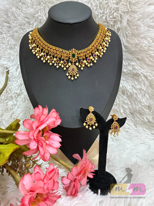 Antique gold-plated guttapusalu necklace and earrings set with kemp stones and pearls Made4Madams