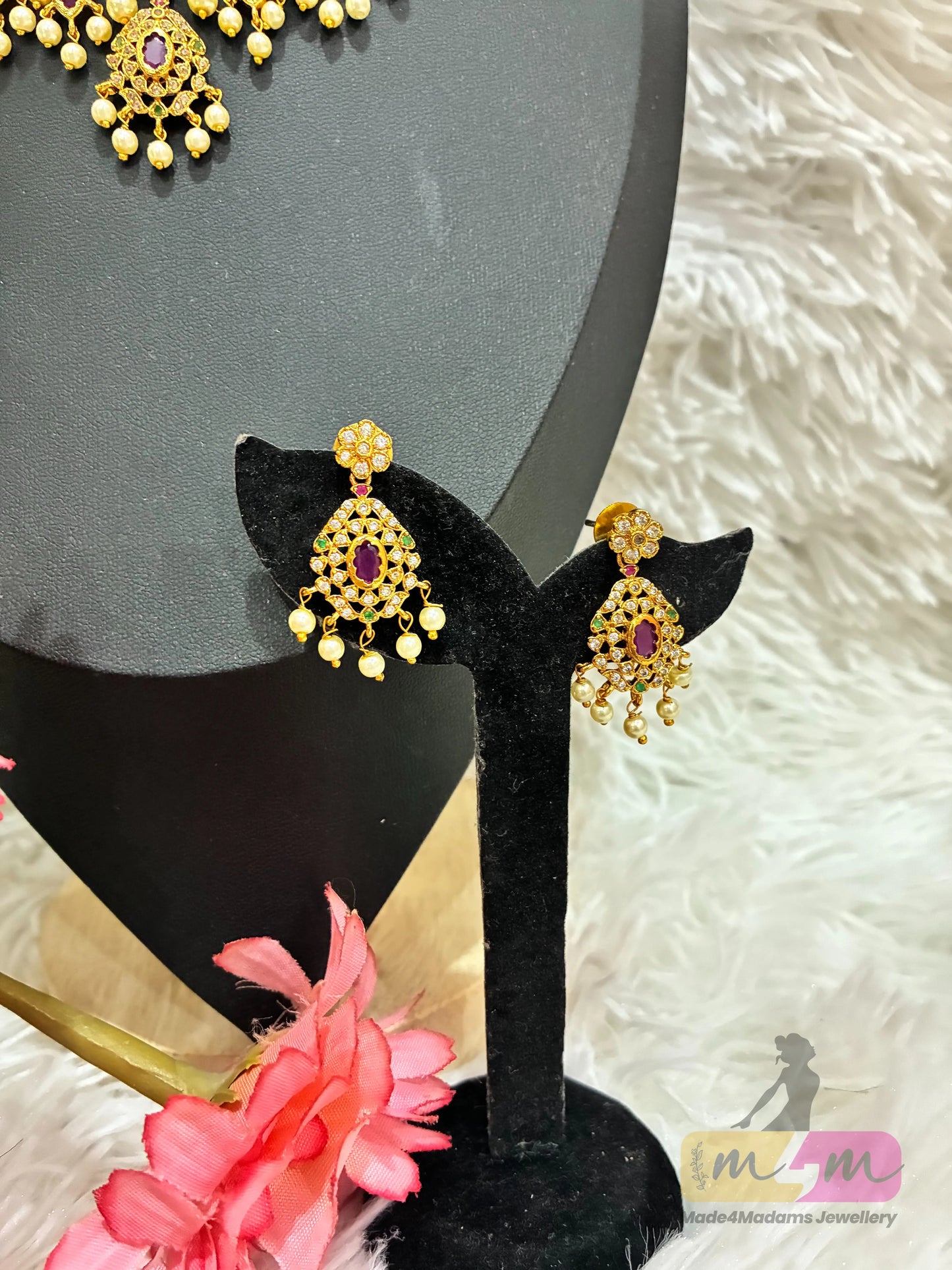 Antique gold-plated guttapusalu necklace and earrings set with kemp stones and pearls Made4Madams