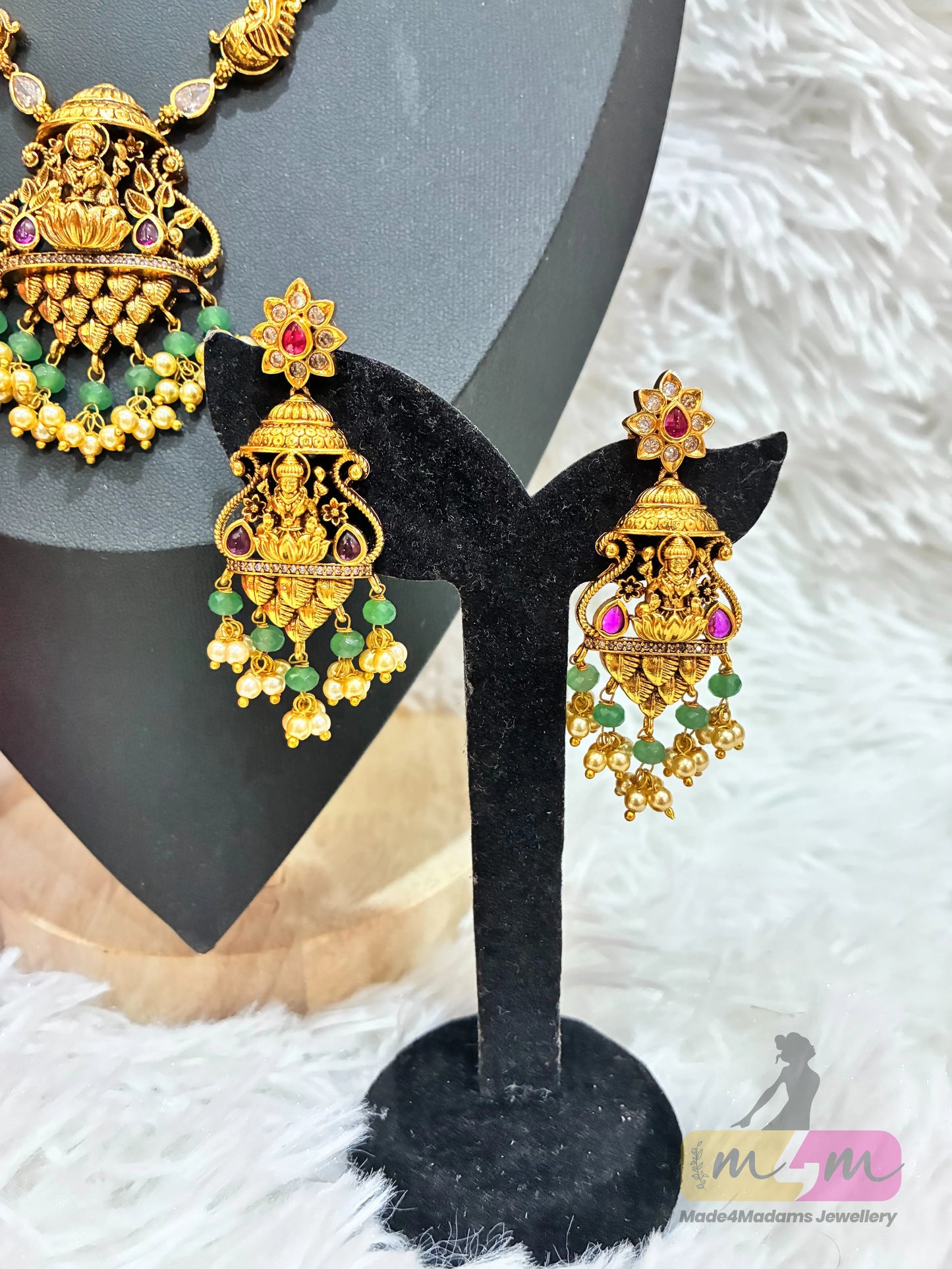 Gold-plated necklace and Earring set featuring Lakshmi, peacock motifs. Made4Madams