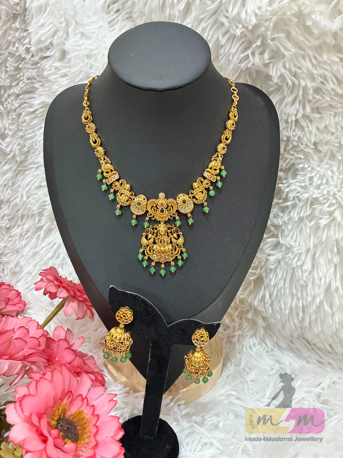 Nakshi finish gold temple jewelry necklace set with green beads Made4Madams