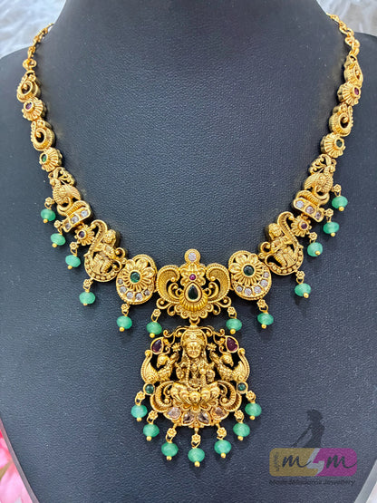 Nakshi finish gold temple jewelry necklace set with green beads Made4Madams