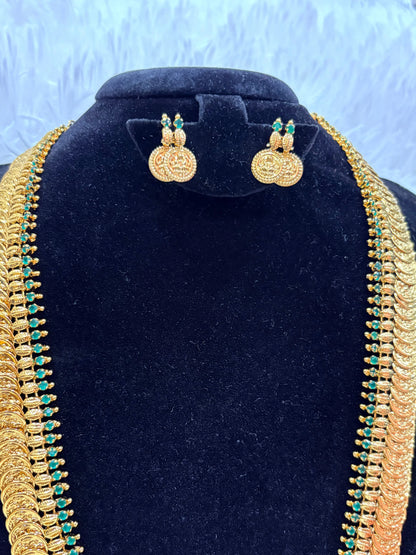 Traditional Micro Gold Plated Lakshmi Kasula Haram with Earrings Made4Madams