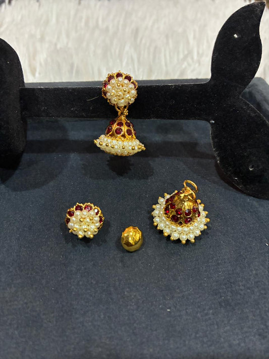 Red Stone and Pearl Vintage style Mediam Size Jhumka
